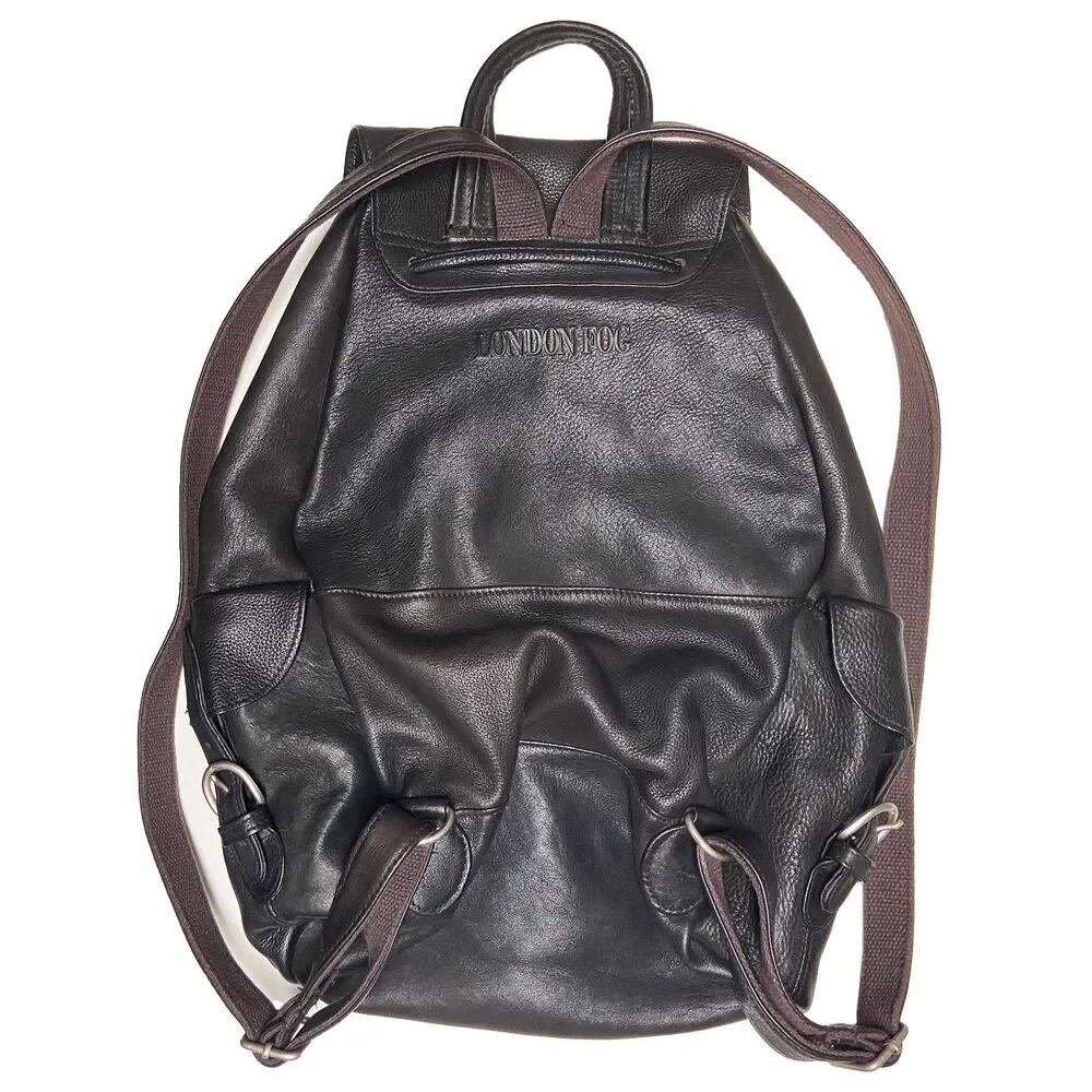 Vintage London Fog Dark Brown Leather Backpack Rucksack Unisex Outer Pockets